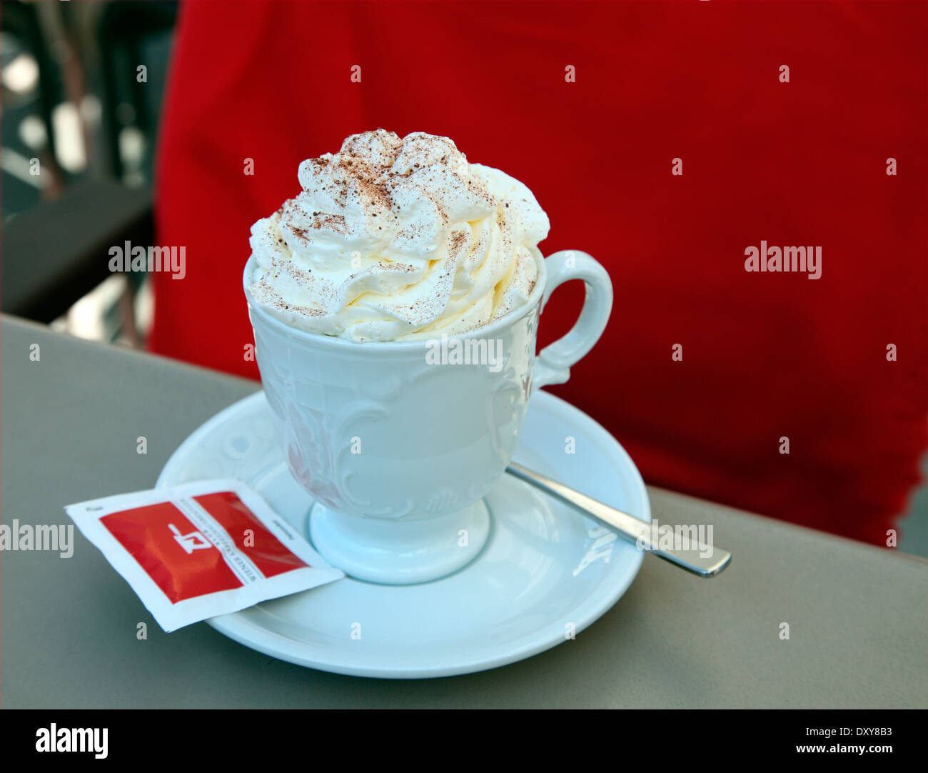 Heiße Schokolade mit Sahne, serviert in Te Hofberg Cafe in Wien Stockfoto