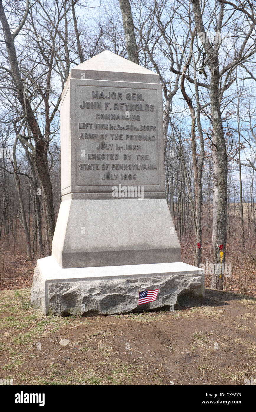 Denkmal zum Generalmajor John Reynolds Gettysburg National Park.  Reynolds war am ersten Tag der Schlacht in der Nähe von Monument getötet. Stockfoto