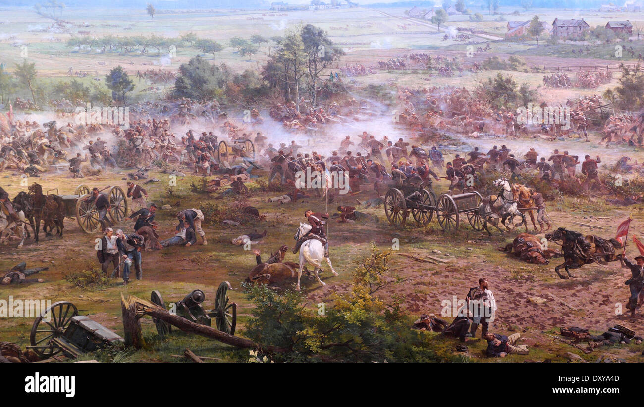 Unionstruppen Flucht nach vorn zur Abwehr von Picketts Charge bei der Schlacht von Gettysburg im USA Bürgerkrieg 3. Juli 1863 Stockfoto