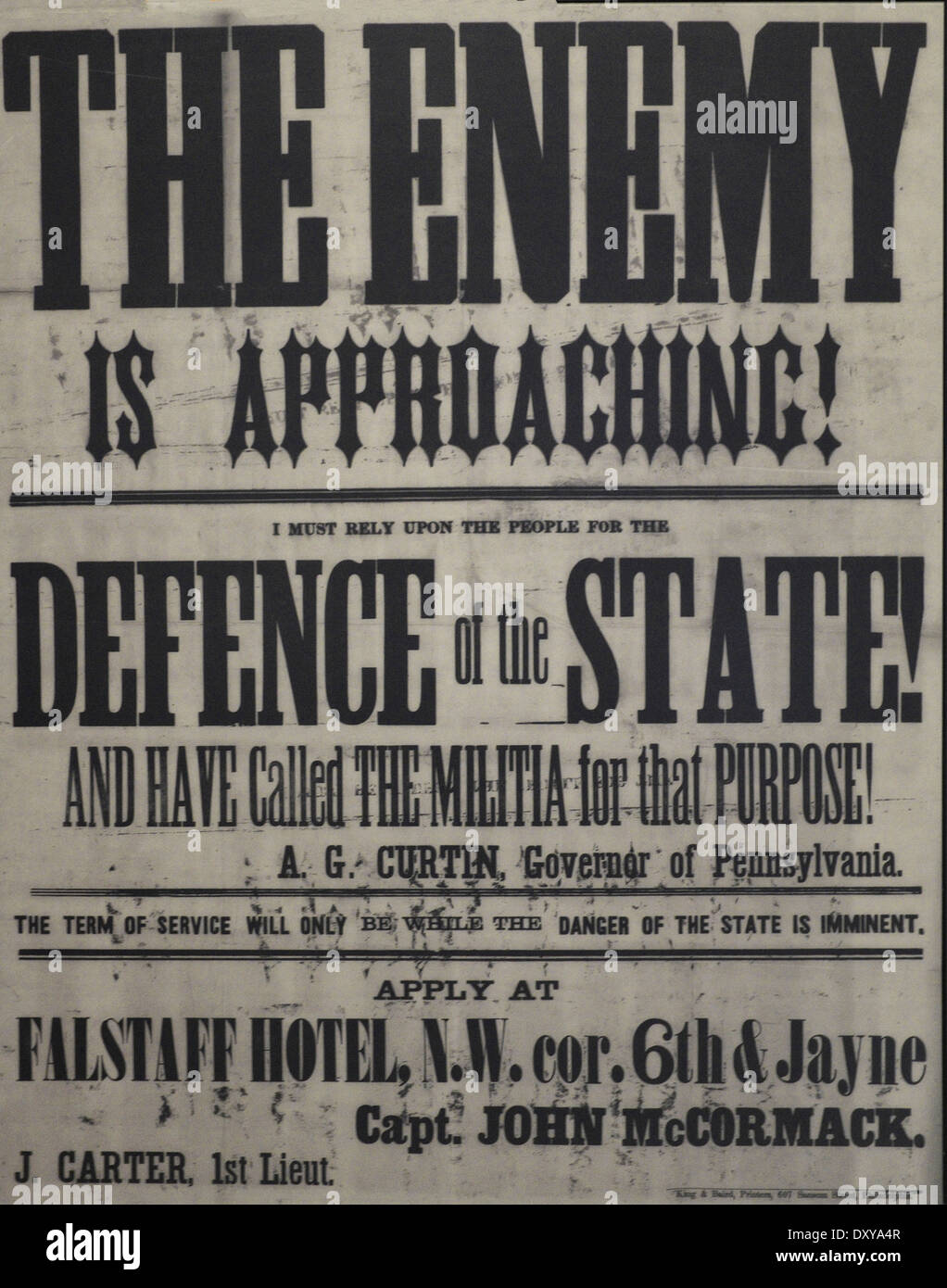 Der Feind ist Approaching - ich muss auf die Menschen für die Verteidigung des Staates angewiesen und haben gefordert, dass Zweck - A G Curtin, Gouverneur von Pennsylvania - Poster von der Gettysburg Kampagne während des Bürgerkriegs der USA, Juli 1863 die Miliz Stockfoto