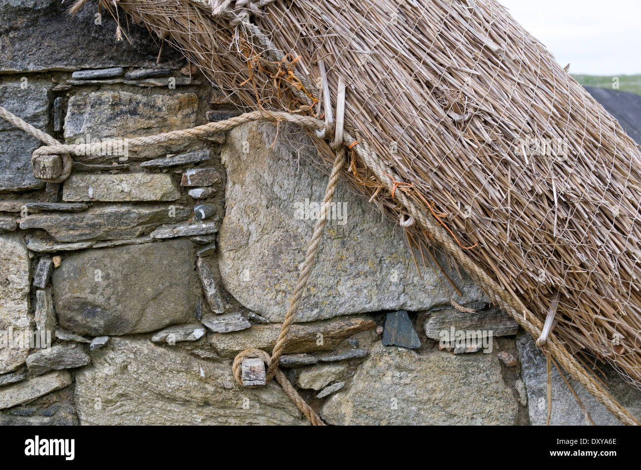 Detail von einem Blackhouse Dach Verankerung Methode, Gearrannan Blackhouse Village, in der Nähe von Carloway, Lewis, Western Isles, Schottland, Großbritannien. Stockfoto