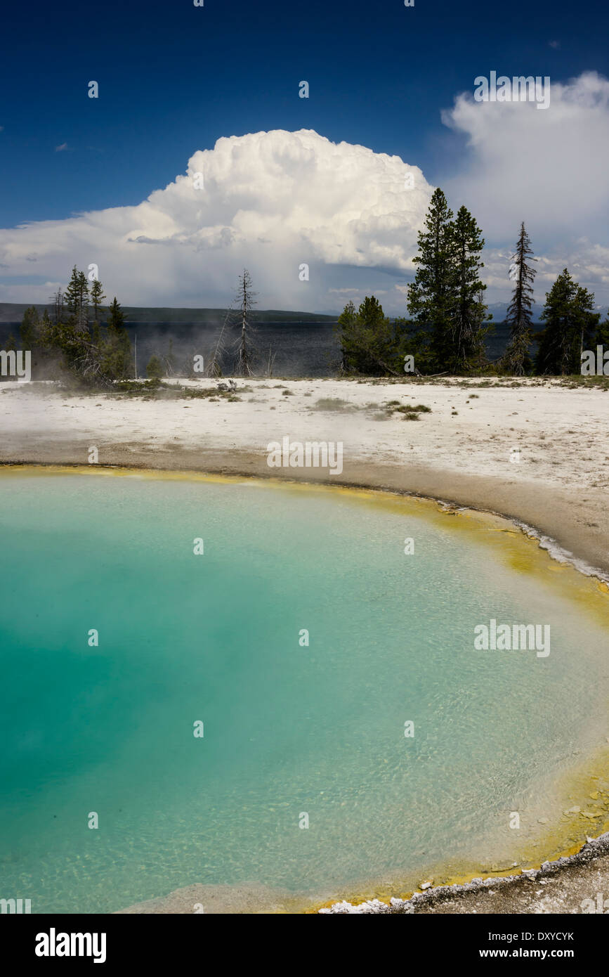 Blue Funnel Spring ist eine heiße Quelle befindet sich in der unteren Gruppe der West Thumb Becken auf dem Ufer von Yellowstone See. Stockfoto