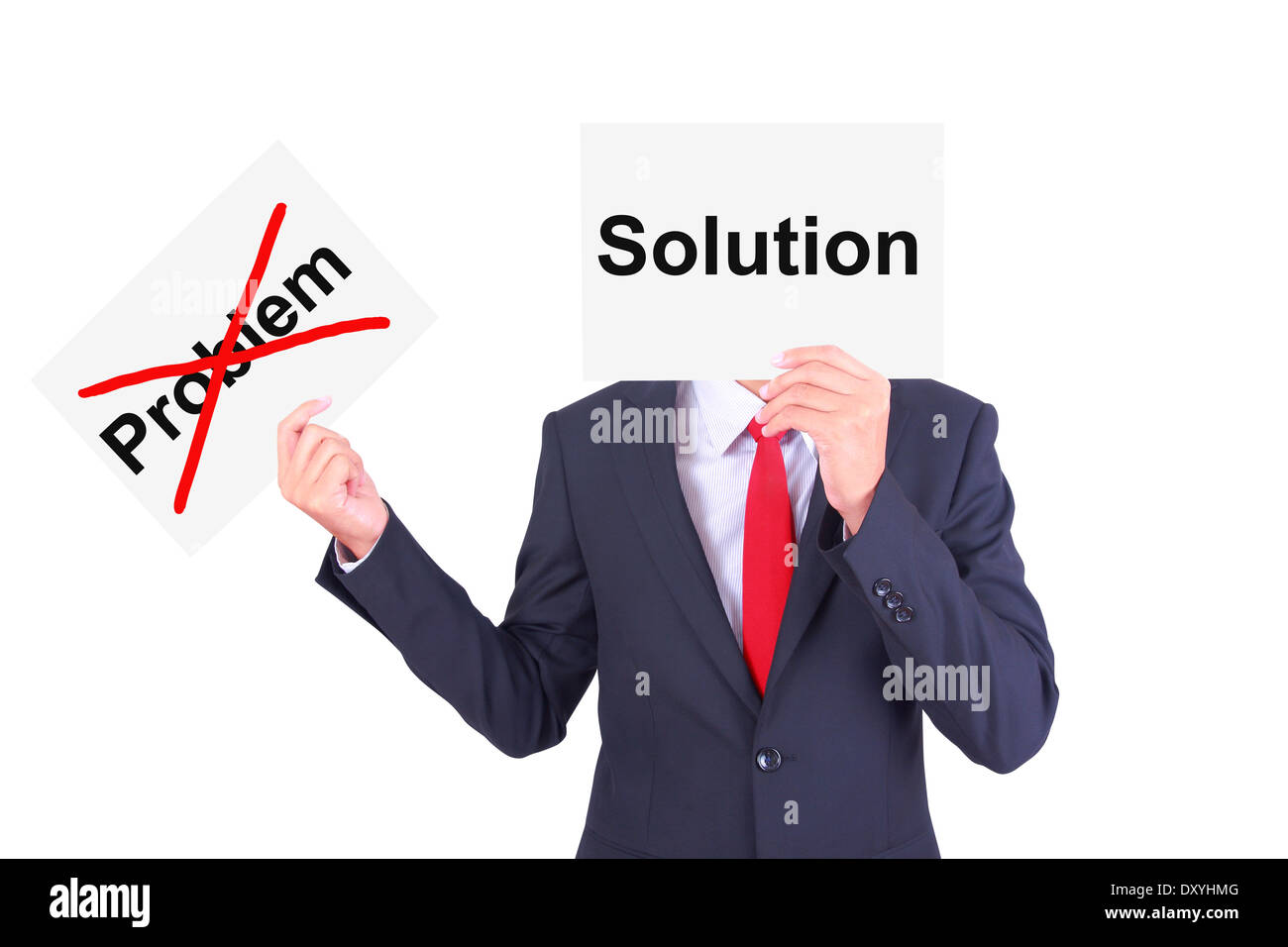 Geschäftsmann swap-Papier zeigt Kontrast Idee zeigt Lösung und Problem ignorieren Stockfoto