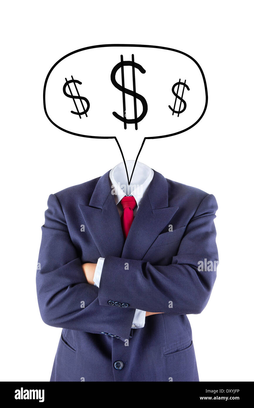 unsichtbare Geschäftsmann Kopf denken über Geld auf weißem Hintergrund Stockfoto
