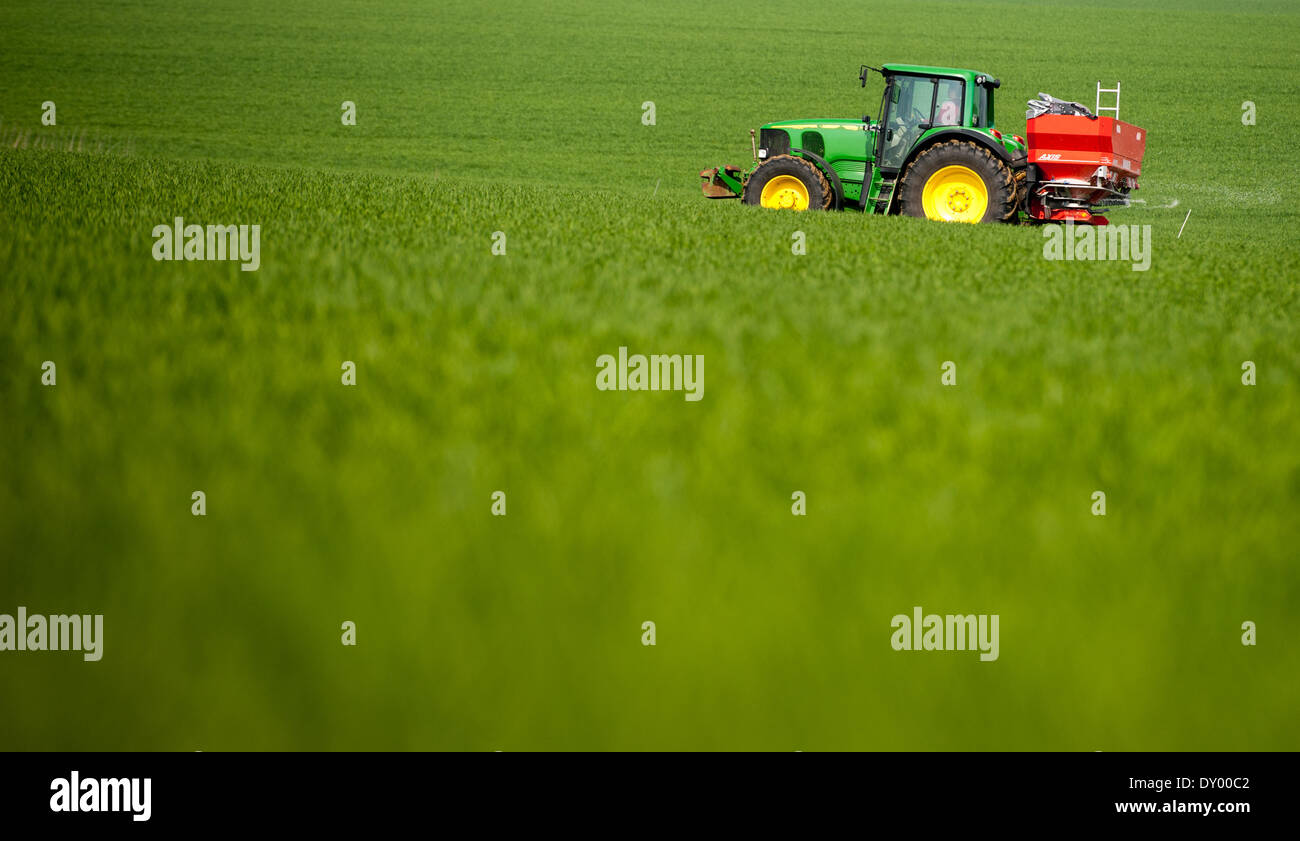 Wessenstedt, Deutschland. 2. April 2014. Ein Landwirt dungs ein Feld mit Hilfe von seinem Traktor und Düngerstreuer, in der Nähe von Wessenstedt, Deutschland, 2. April 2014. Foto: Philipp Schulze/Dpa/Alamy Live News Stockfoto