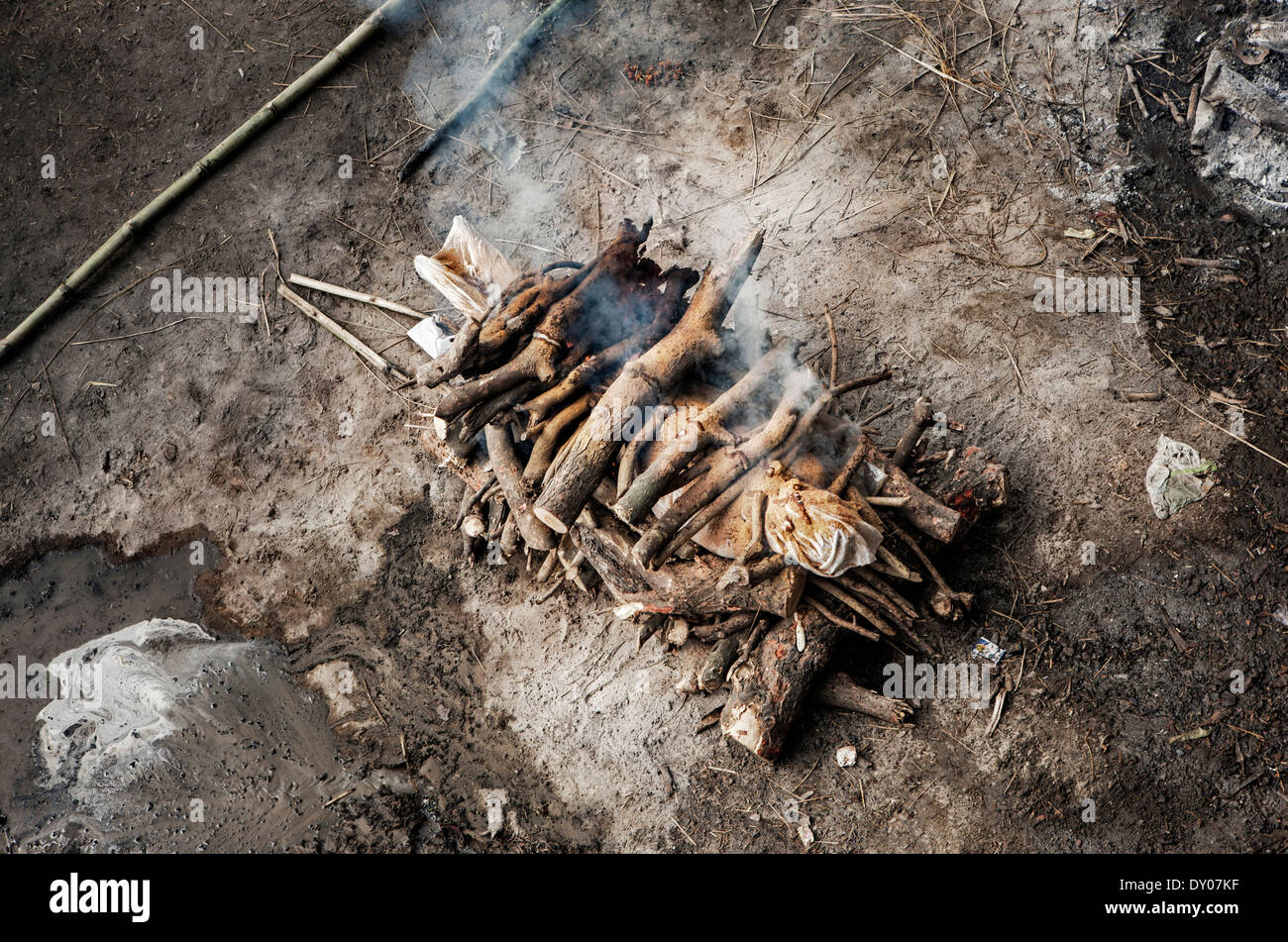 Feuerbestattung in Indien. Das Bild zeigt die Füße von einem brennenden Mann in der Front und eine Ziege während des Essens Blumen hinter mit ein paar Stockfoto