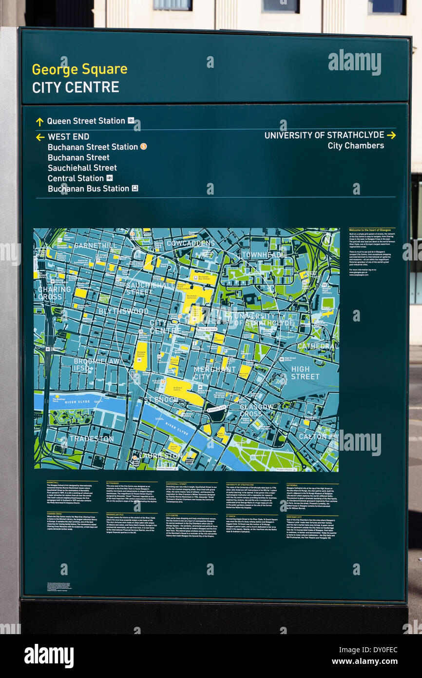 A Glasgow Public Street Map in the City Centre, George Square, Glasgow, Scotland, UK Stockfoto