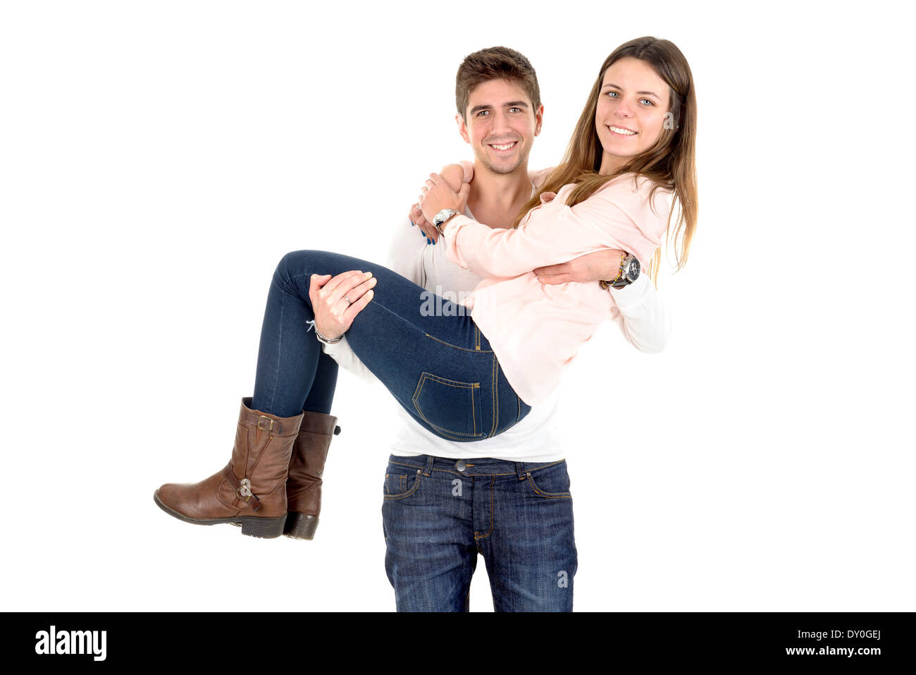 Junger Mann mit Freundin isoliert in weiß Stockfoto