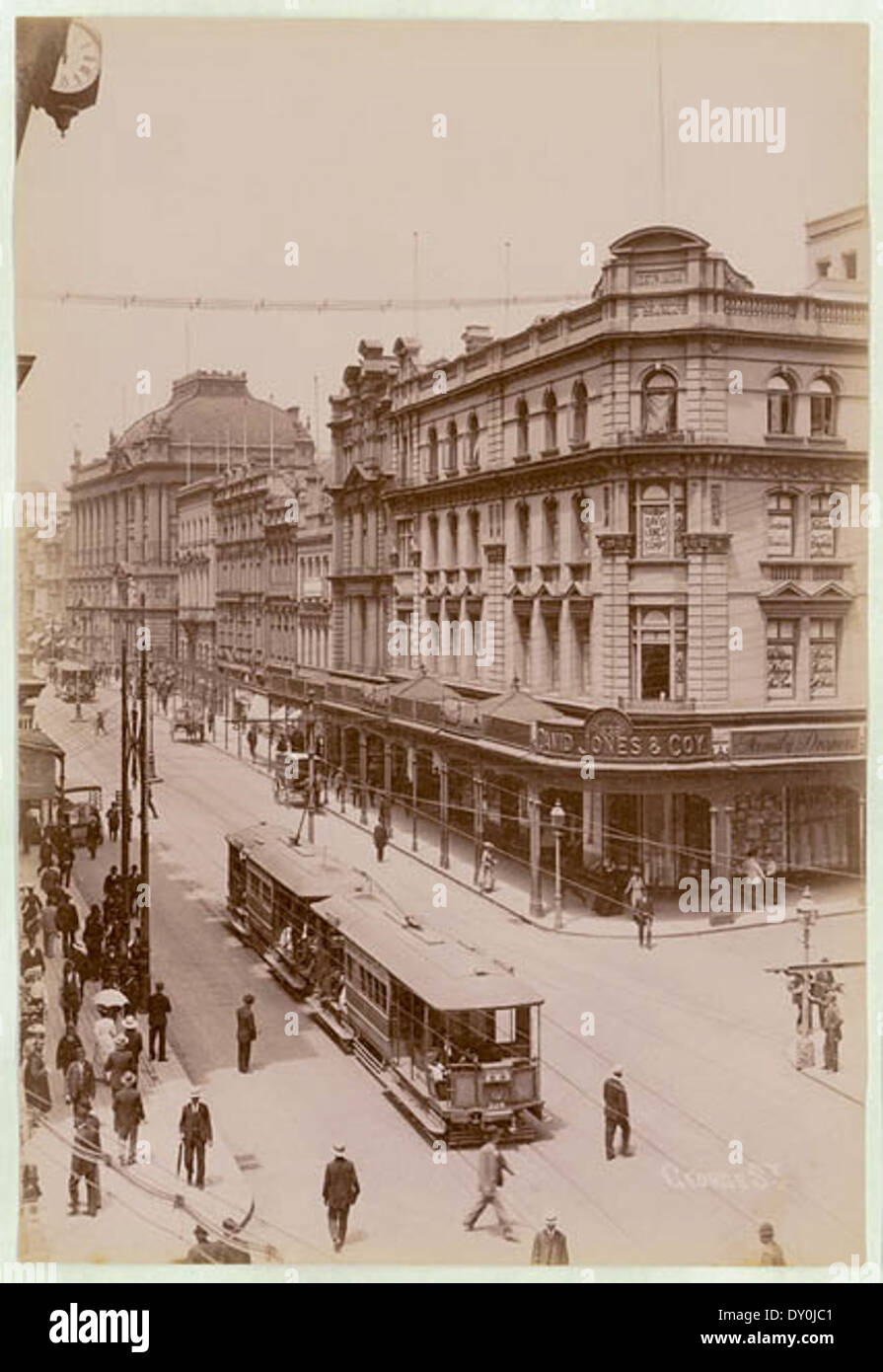Ein historisches Foto des David Jones Stores in der George Street, Sydney, um 1900–1910, das Straßenbahnen zeigt, die während des frühen 20. Jahrhunderts in der Stadt als Teil der pulsierenden Stadtszene betrieben wurden. Stockfoto