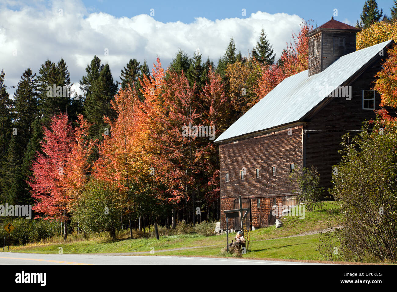 Eine Scheune kuschelt sich in die Herbst Farbe Landschaft, Gegend von Errol, New Hampshire. Stockfoto