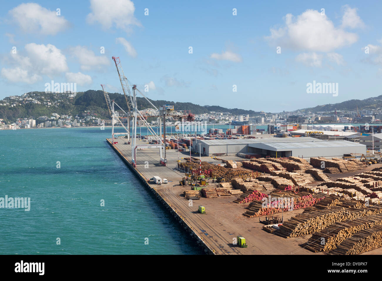 Anschluss an Wellington, Neuseeland mit Holz für den export Stockfoto