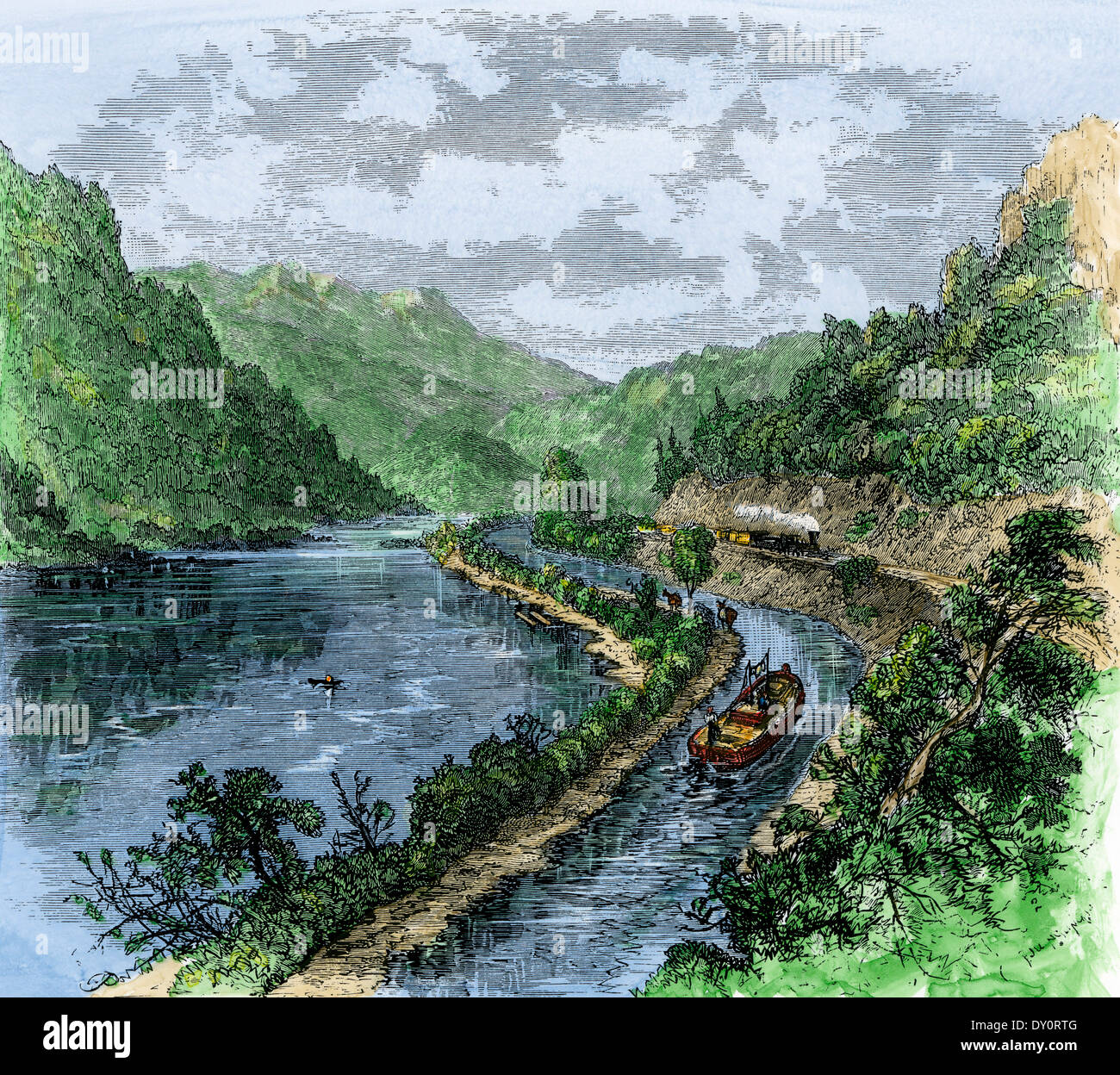 North Branch Canal entlang des Susquehanna River bei Nanticoke, Pennsylvania, 1870. Hand - farbige Holzschnitt Stockfoto