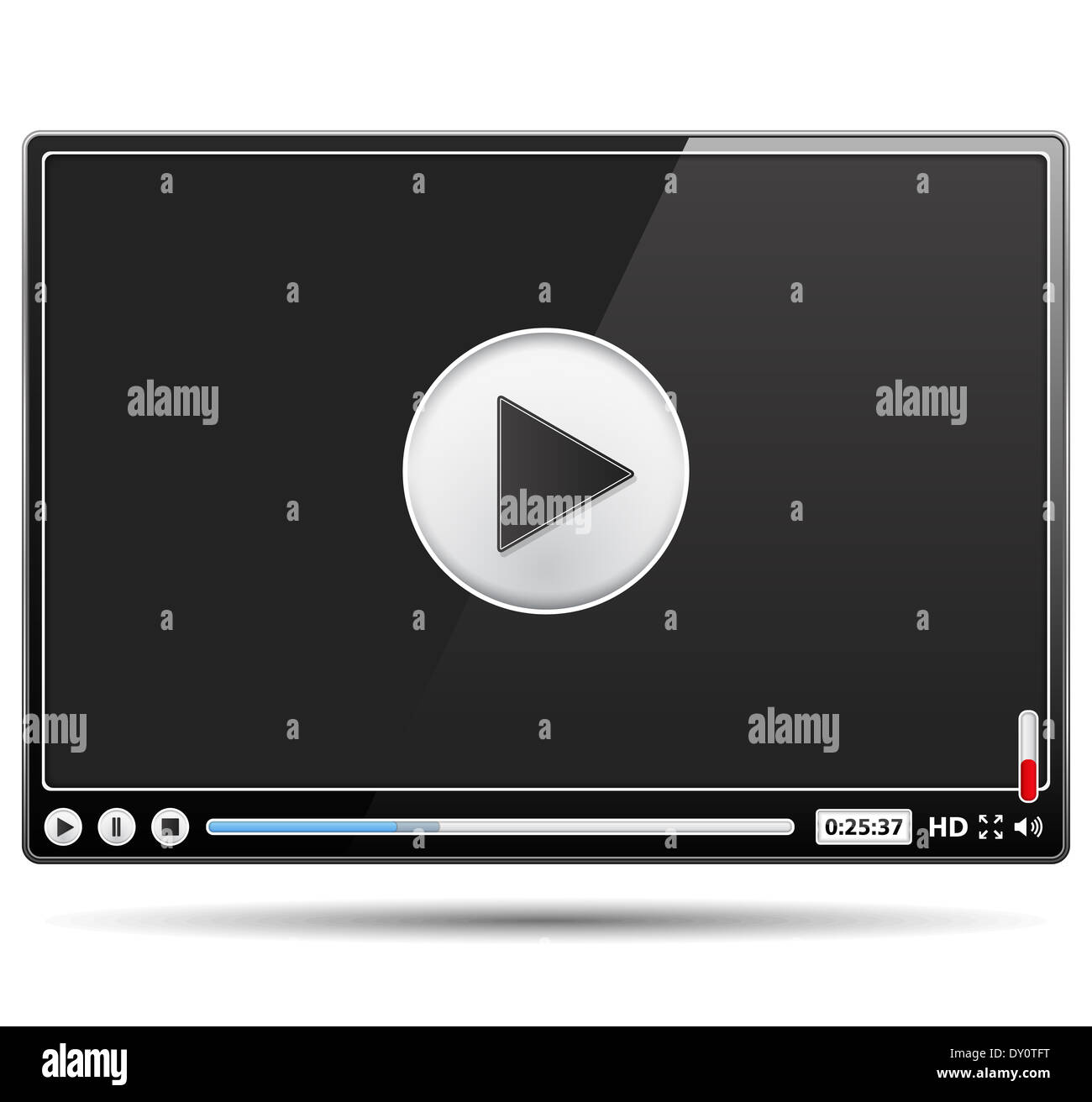 Schwarz glänzend video Player-Vorlage auf weißem Hintergrund Stockfoto