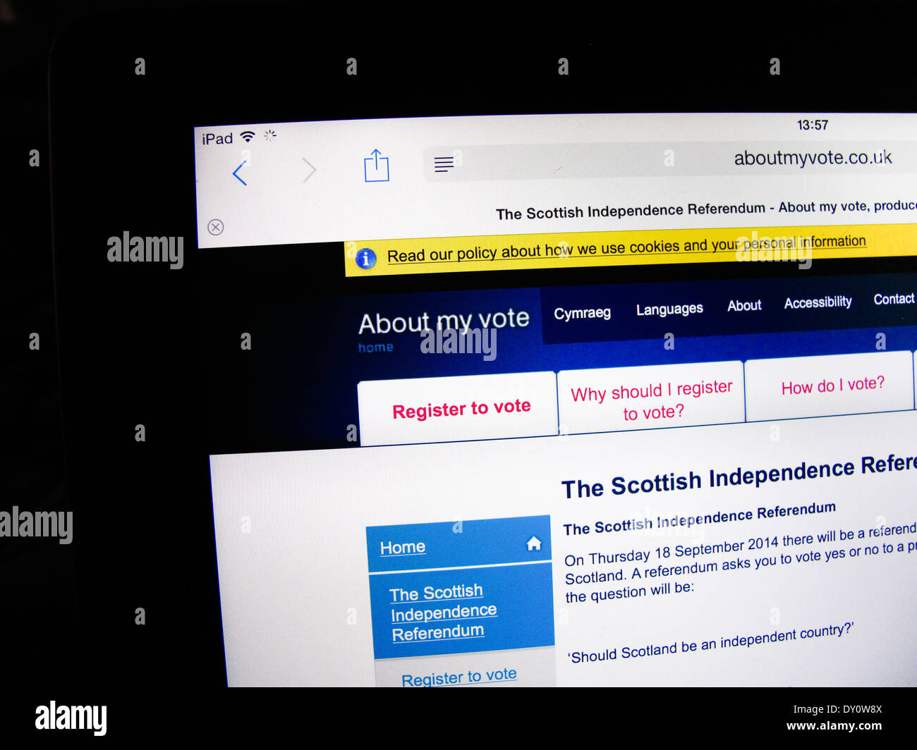 Schottische Unabhängigkeit Referendum Webseite auf dem iPad Stockfoto