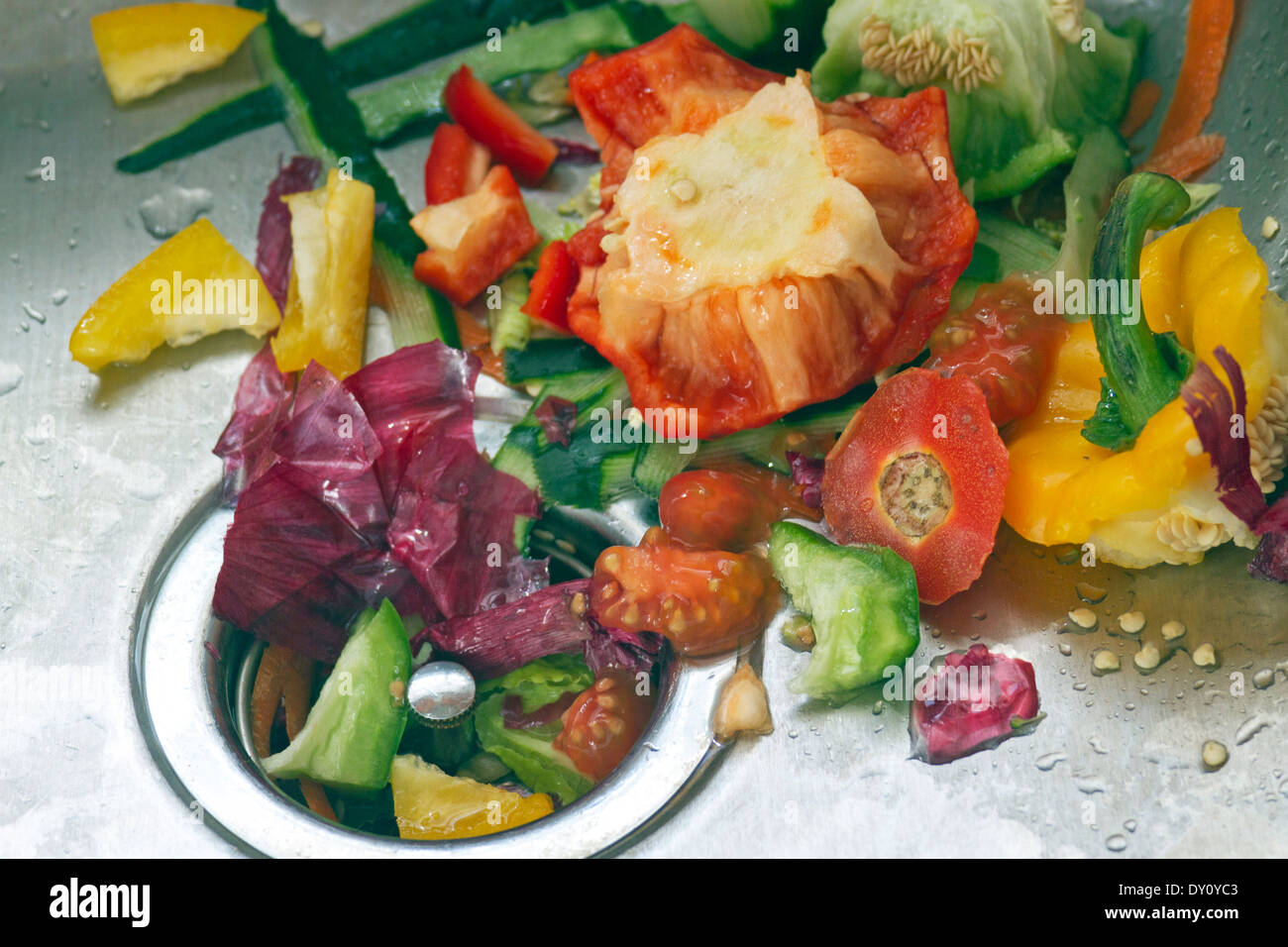 Bunte, rohe, organische Gemüseschalen in einem Waschbecken aus Metall Stockfoto