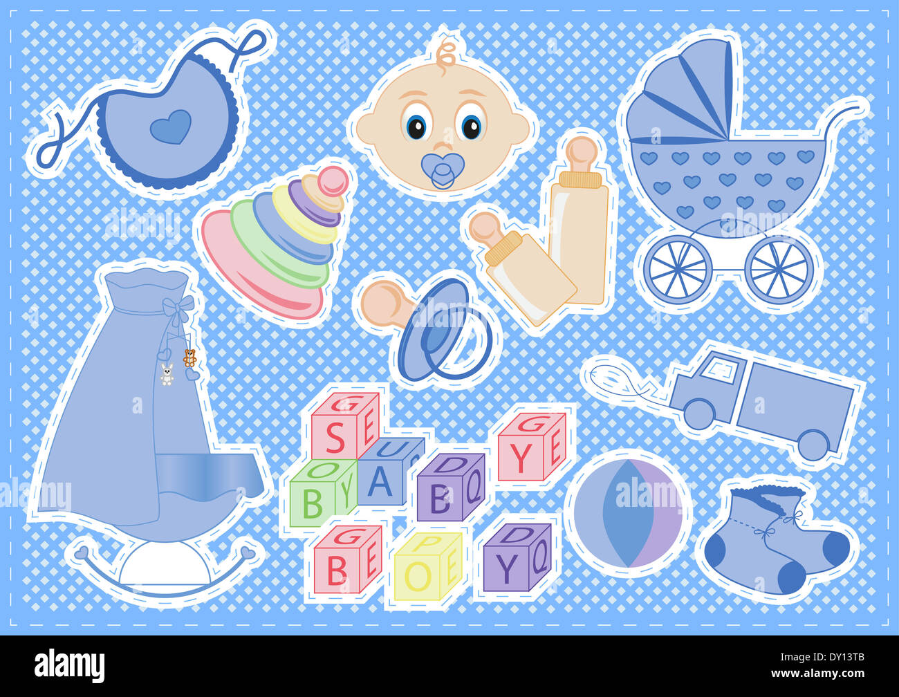 Baby-Elemente eines jungen auf einem blauen Hintergrund Vektor-illustration Stockfoto