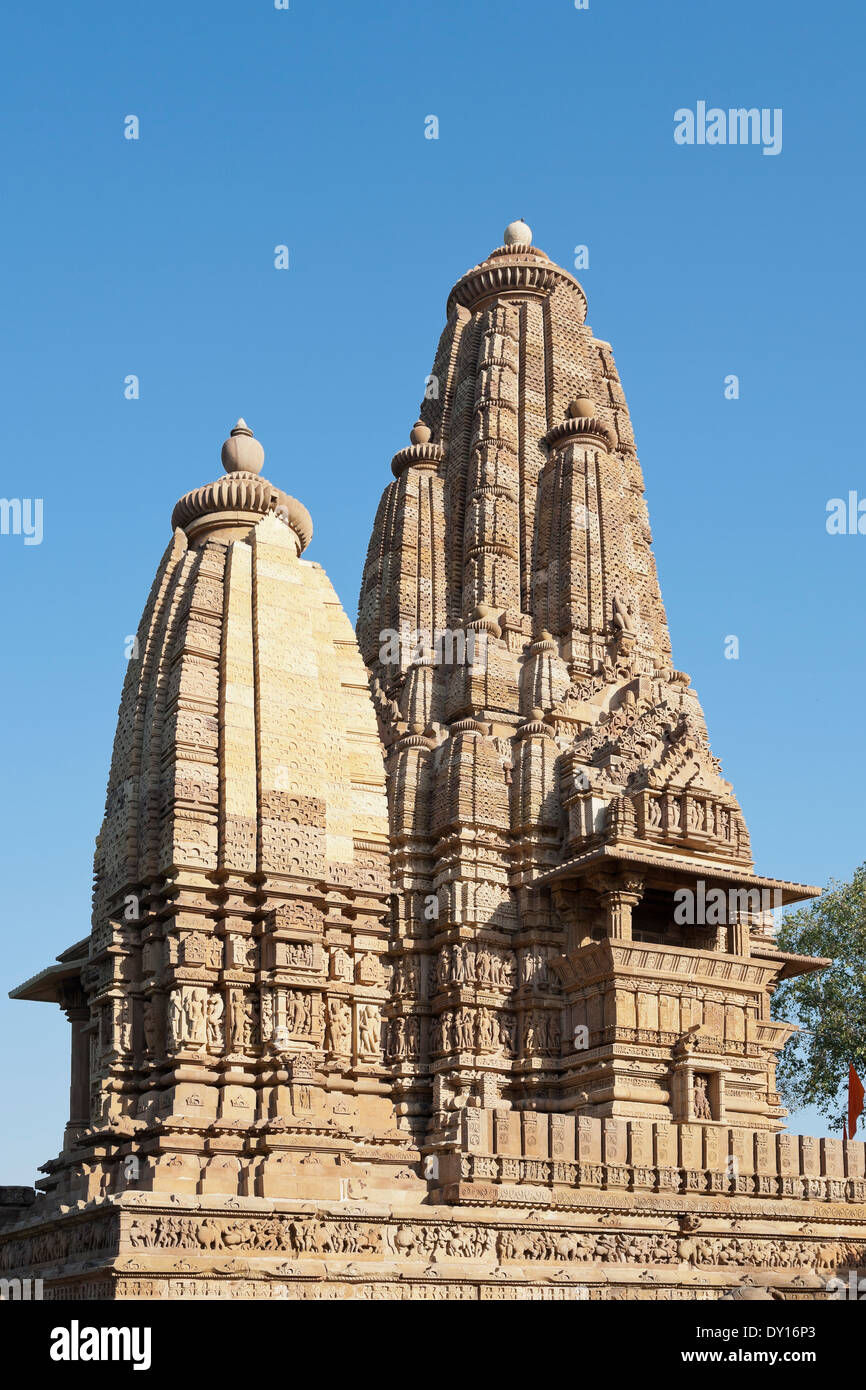 Khajuraho, Indien. Khajuraho Tempel, Lakshmana Tempel, westliche Gruppe Stockfoto