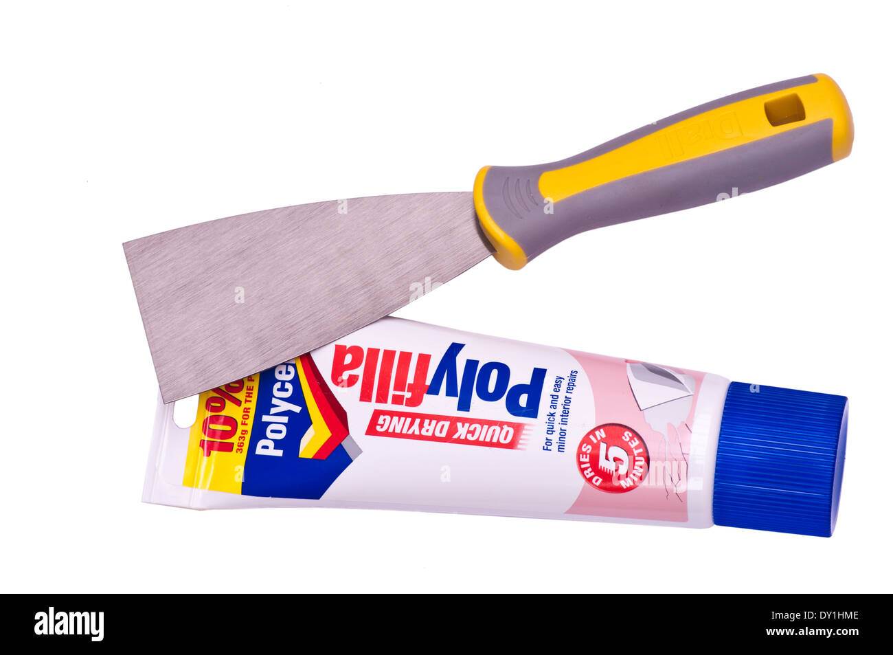 Röhre Polycell Polyfilla und einem Füllstoff-Messer / Spachtel Wallpaper Stockfoto