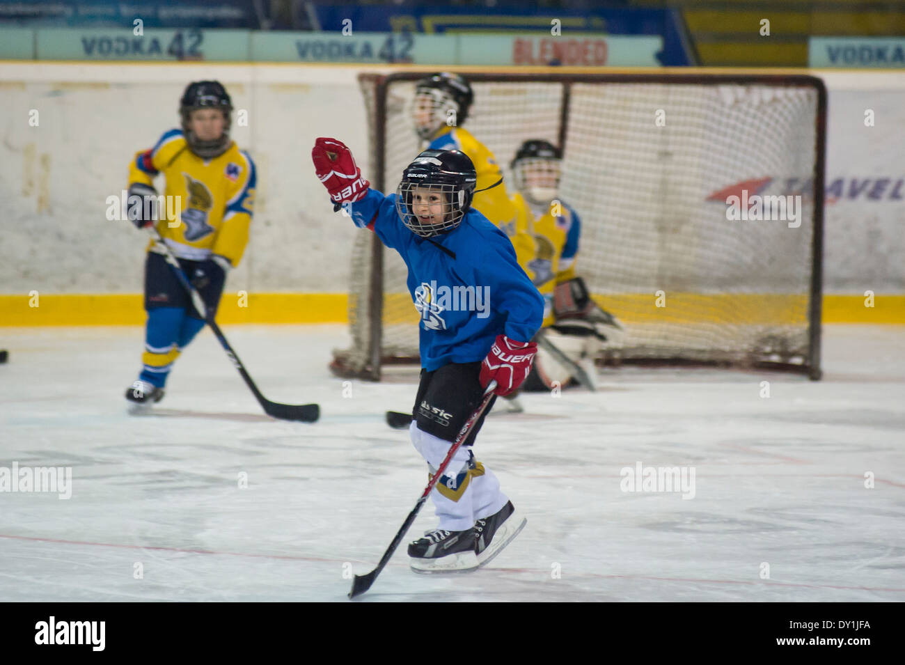 Baby-junge Eishockeyspieler feiert Ziel Stockfoto