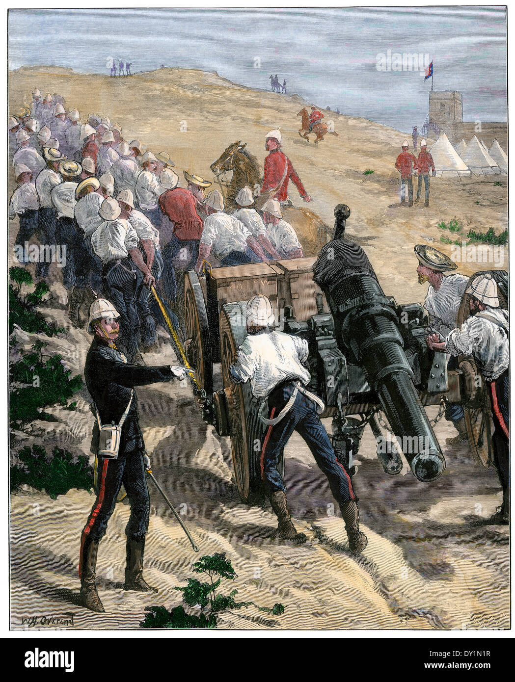 Die britischen Truppen ziehen Artillerie in Position in der Nähe von Alexandria während der Besetzung von Ägypten, 1882. Hand - farbige Holzschnitt Stockfoto
