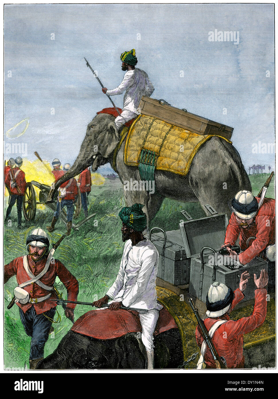 Elefanten in Verwendung durch Britische Artillerie Regiment in Burmah (Myanmar), 1880. Hand - farbige Holzschnitt Stockfoto