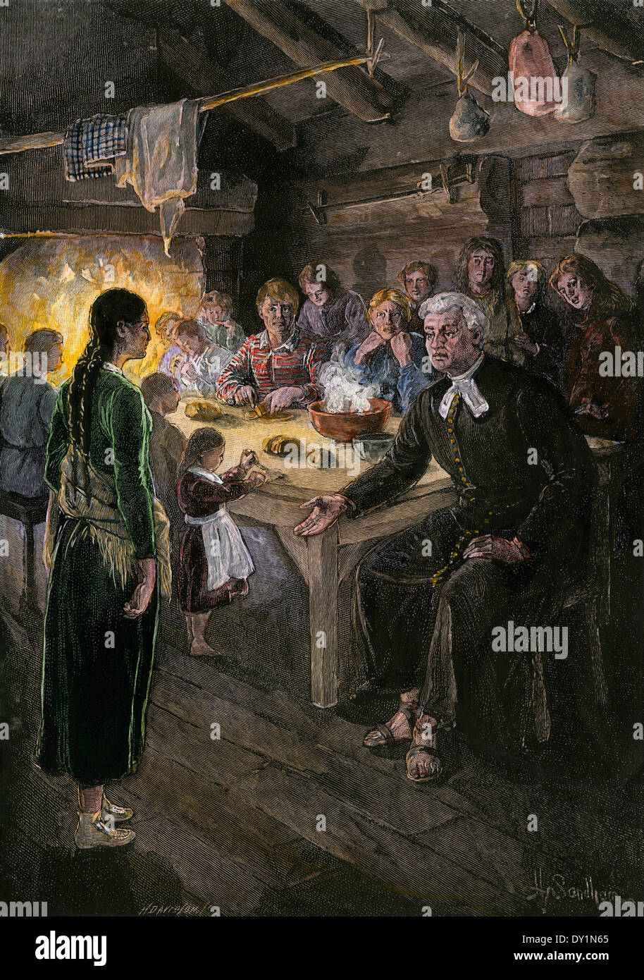 Kanadische Siedler für ein gemeinsames Essen versammelt, 1800. Hand - farbige Holzschnitt Stockfoto