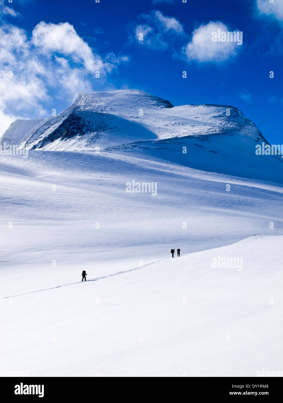 Drei Skifahrer Ski Touren in die Berge von Rondane Norwegen Stockfoto