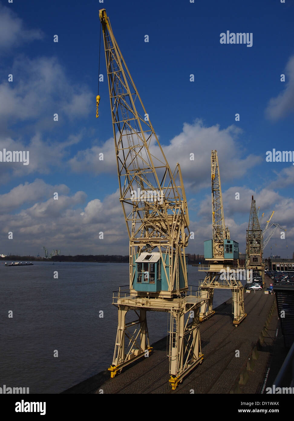 Die alten Hafenkrane im Hafen von Antwerpen sind ein historisches Merkmal der Hafeninfrastruktur. Diese Kräne spielten eine wichtige Rolle beim Be- und Entladen von Gütern und bleiben Teil des industriellen Erbes der Stadt. Stockfoto