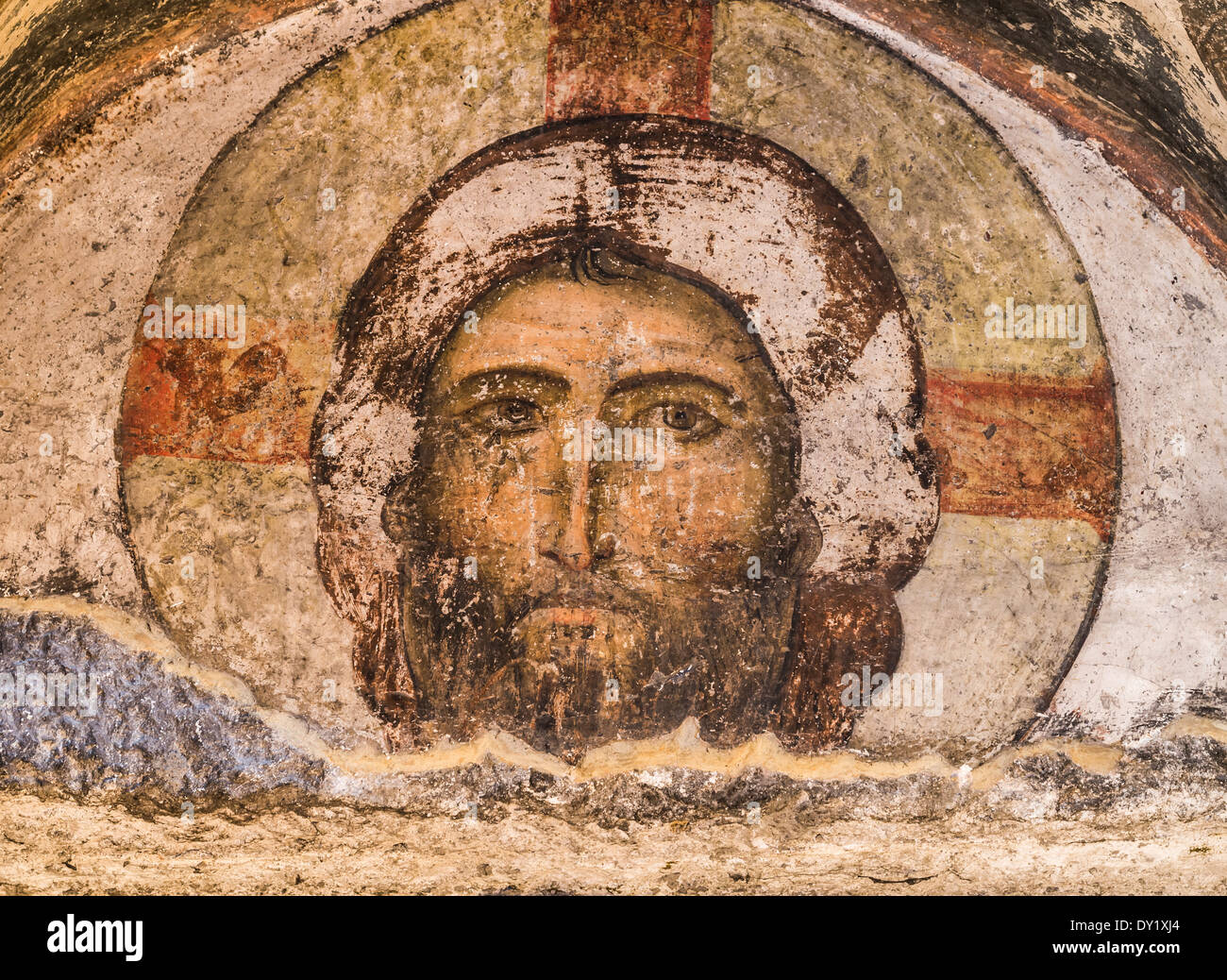 Jesus Christus, Tympanon über dem Eingang des 12. Jahrhundert Kirche des Dormition in Vardzia cave City-Kloster in Georgien, Caucasus Stockfoto