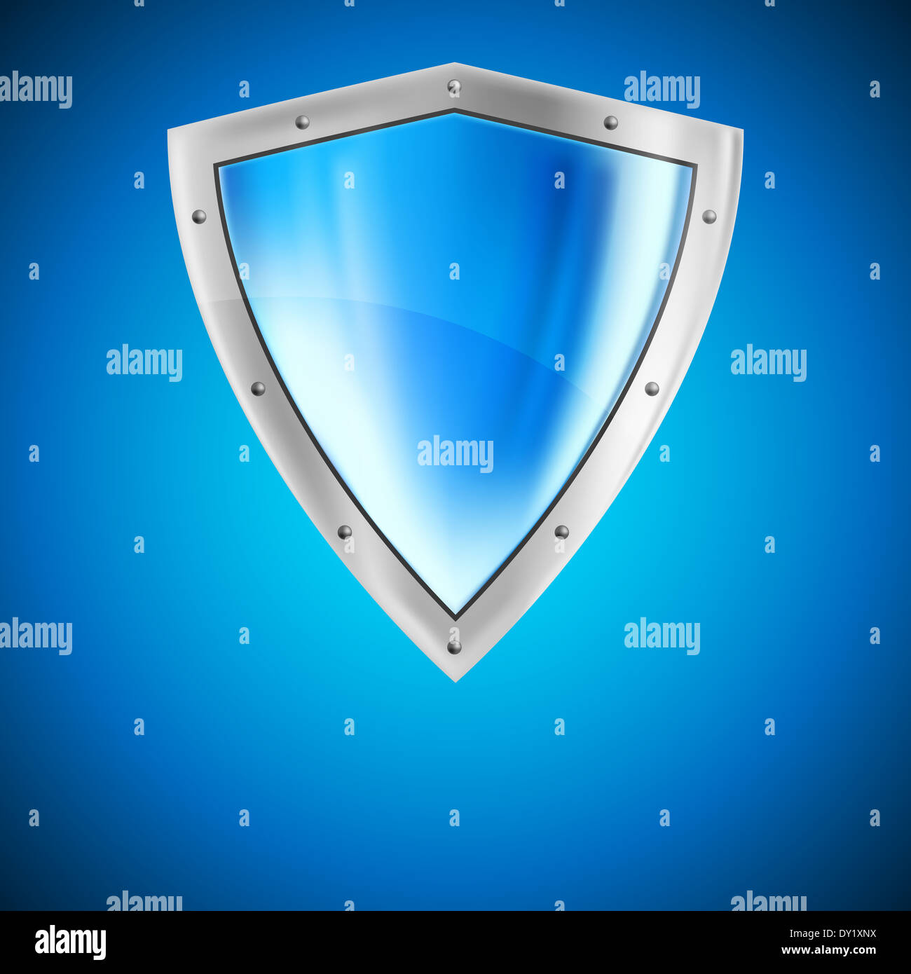 Blauer Hintergrund mit hellen Silber Stahlschild Stockfoto