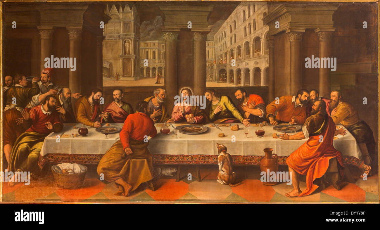 Venedig - letzte Abendmahl Christi (Ultima Cena) von Cesare Conegliano (1583) in der Kirche Chiesa dei Santi. XII Apostoli Stockfoto