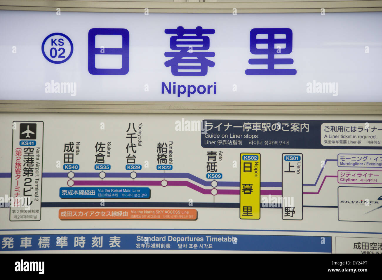 Bahnsteig Bahnhof Nippori Zeichen Tokyo Japan Kanjisymbole und zweisprachige Übersetzung. Verkehrsknotenpunkt Stockfoto
