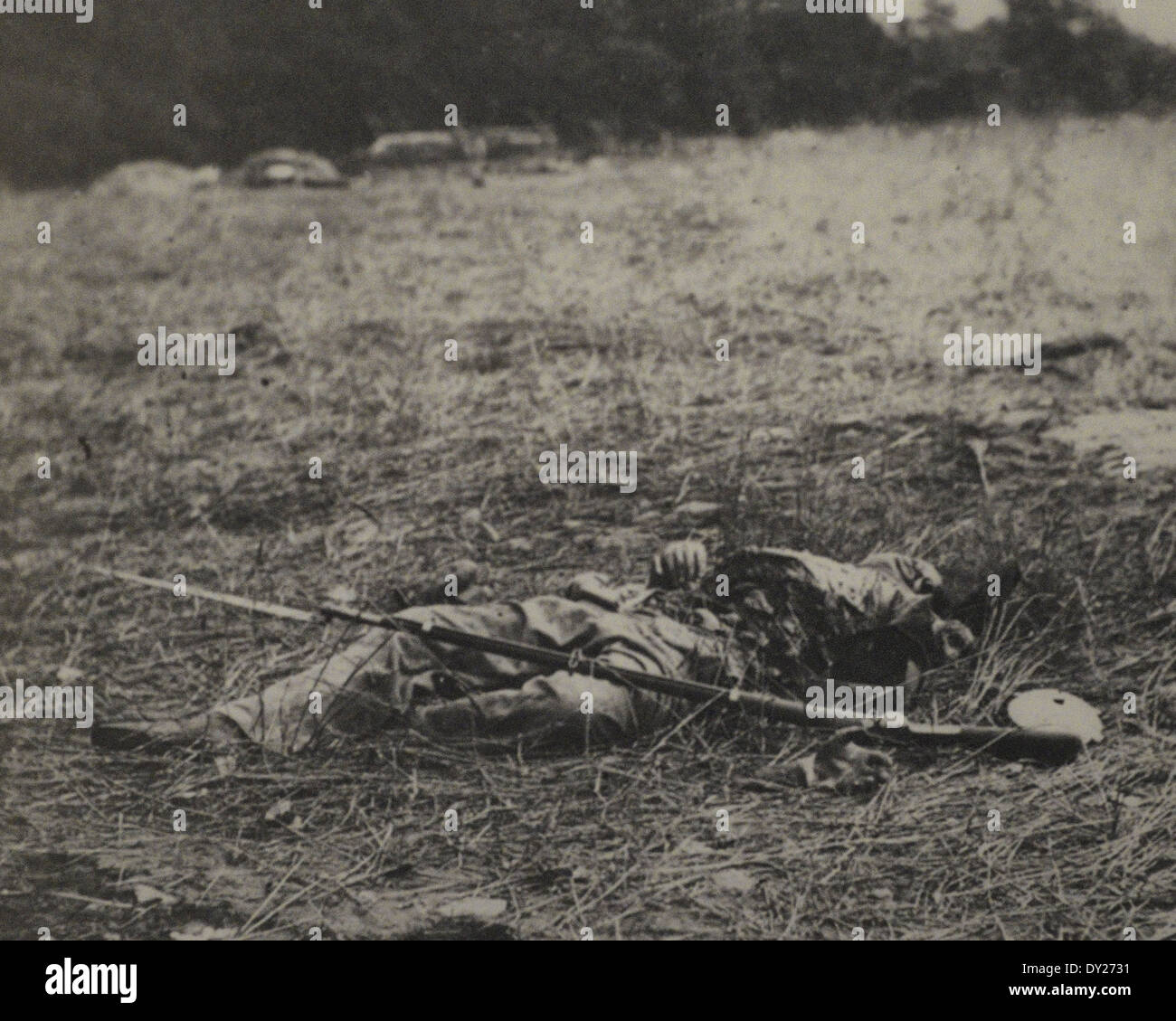 Die Wirkung einer Muschel - toten Soldaten auf dem Schlachtfeld von Gettysburg während USA Bürgerkrieg Stockfoto