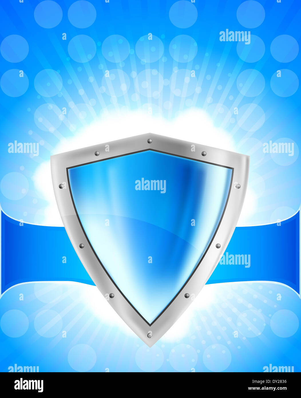 Blauer Hintergrund mit hellen Silber Stahlschild Stockfoto