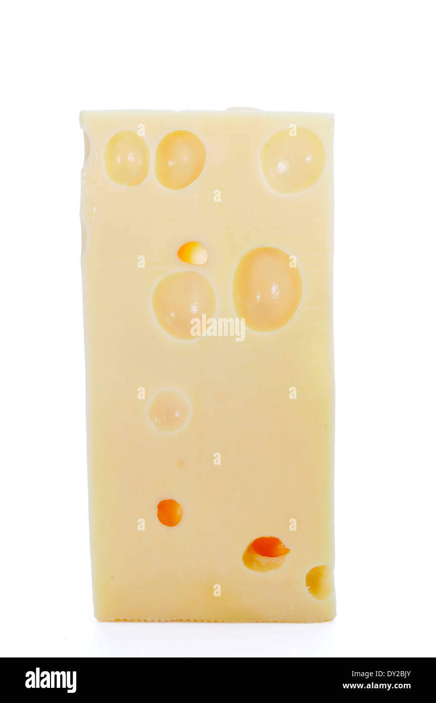 ein Stück Käsemarke Käse mit den markanten Löchern auf weißem Hintergrund Stockfoto