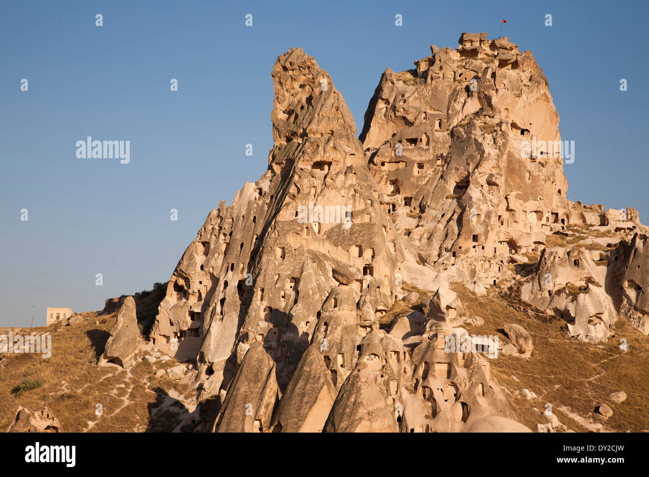 Landschaft und Uchisar Dorf, Kappadokien, Anatolien, Türkei, Asien Stockfoto