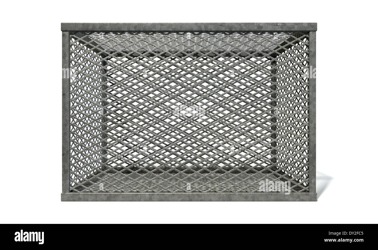 Eine rechteckige Stahlkäfig in Diamond Mesh Verdrahtung auf einem isolierten weißen Hintergrund bedeckt Stockfoto