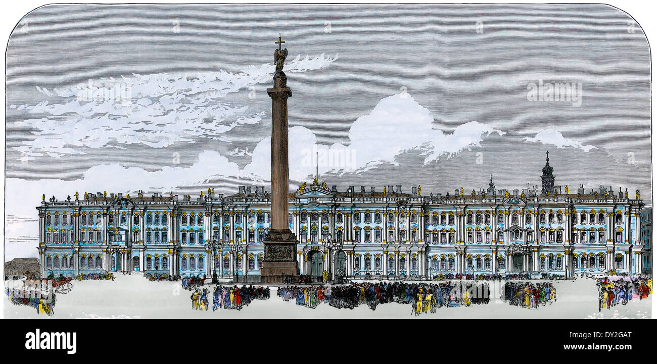 Alexander's Spalte zu Ehren des Zaren Alexander I, außerhalb der Winterpalast, St. Petersburg, Russland, 1880. Hand - farbige Holzschnitt Stockfoto