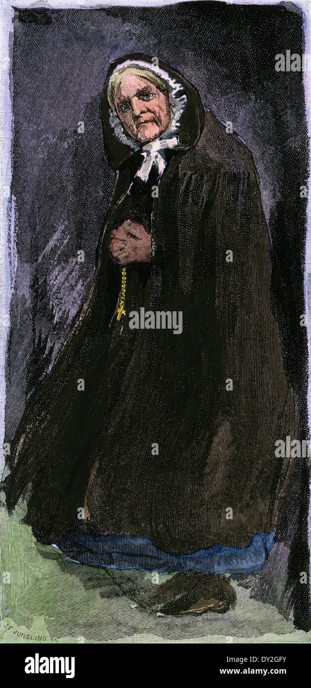 Irische Frau tragen der antiken Kapuzen Mantel der ländlichen Gebieten, 1800. Hand - farbige Holzschnitt Stockfoto