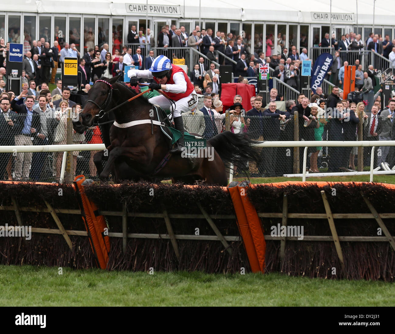 Liverpool, Vereinigtes Königreich. 4. April 2014. Josses Hill unter Barry Geraghty gewinnen das internationale Festival für Business 2014 Top Novizen Hürdenrennen am Tag zweier der drei Tag Grand National Meeting von Aintree Racecourse Credit: Action Plus Sport/Alamy Live News Stockfoto