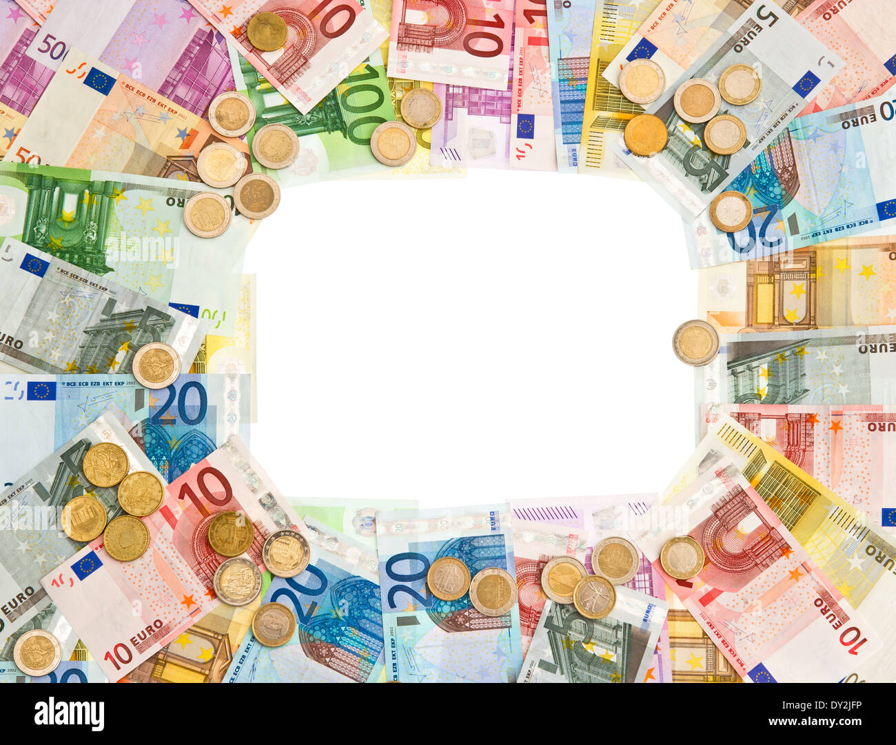 Euro-Münzen und-Banknoten Rahmen. Geld-Hintergrund Stockfoto