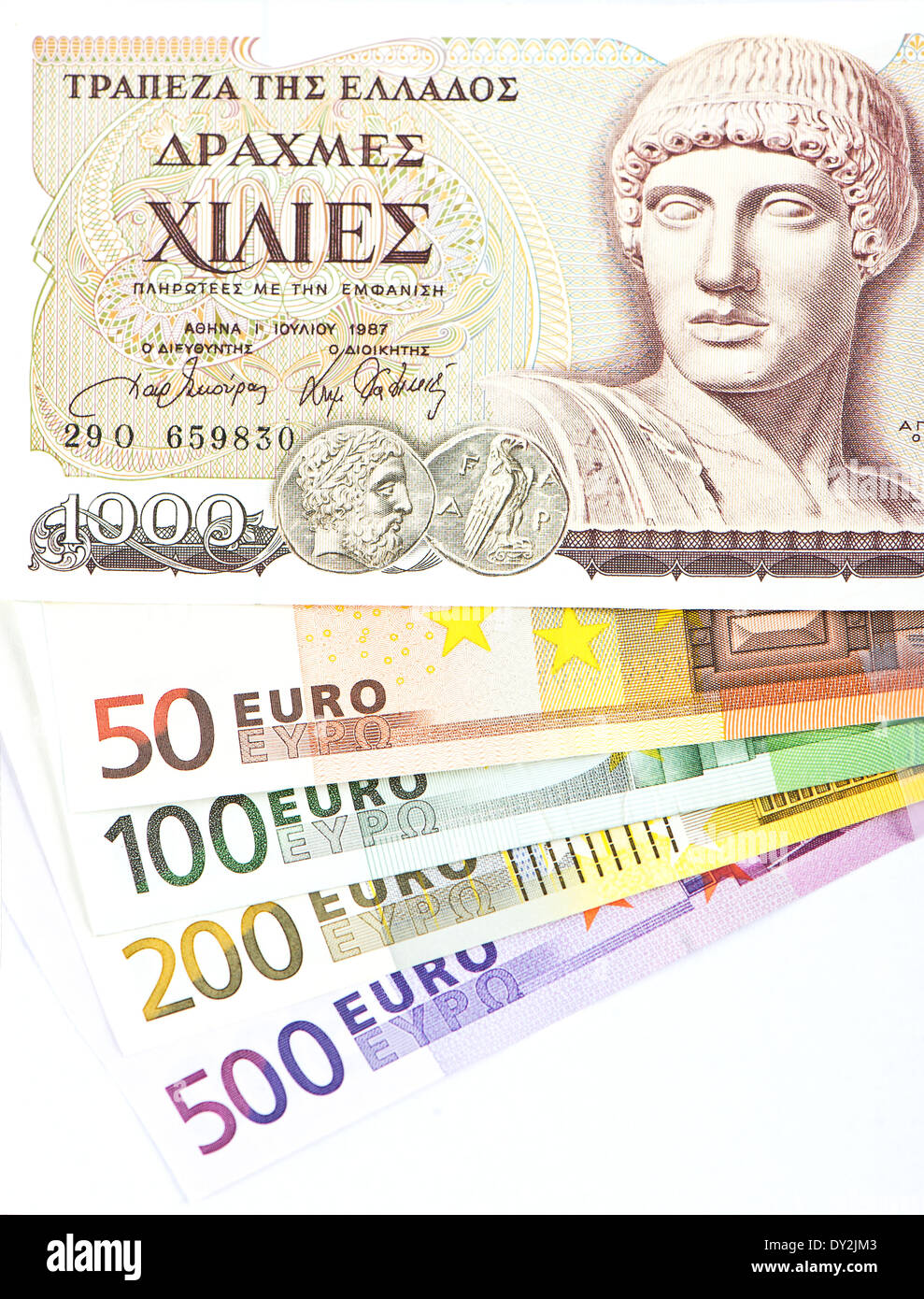 alte griechische Drachme und Euro Bargeld Banknoten. Finanzkrise in Griechenland Stockfoto