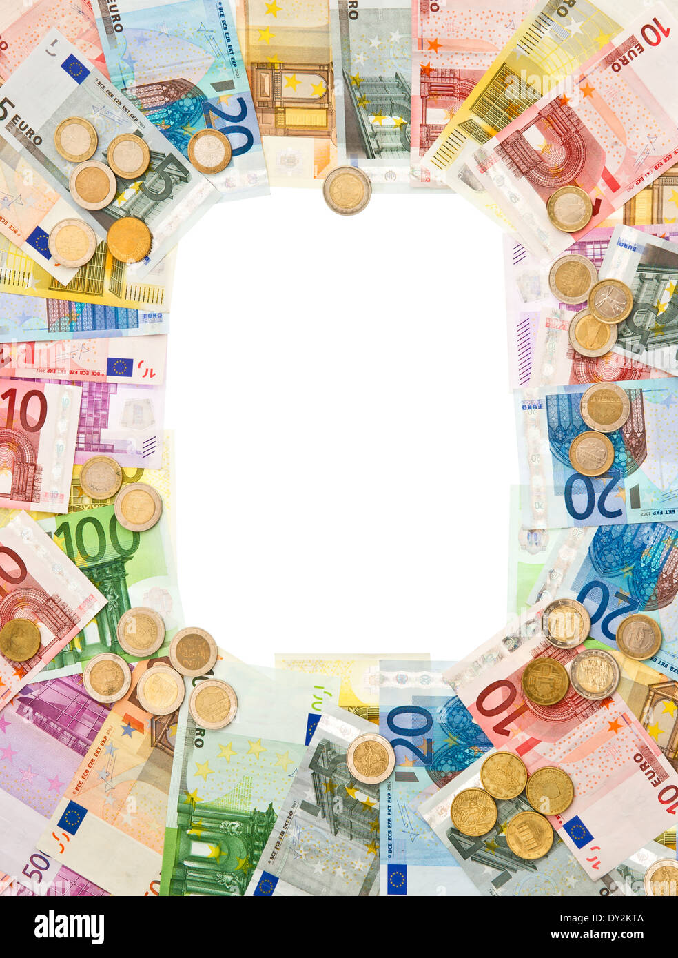 Euro-Münzen und-Banknoten Rahmen. Geld-Hintergrund Stockfoto