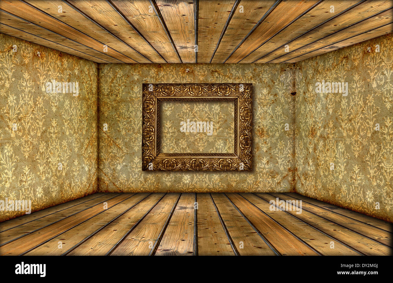 Grunge-Innenraum mit Vintage Tapeten und Holzboden Stockfoto