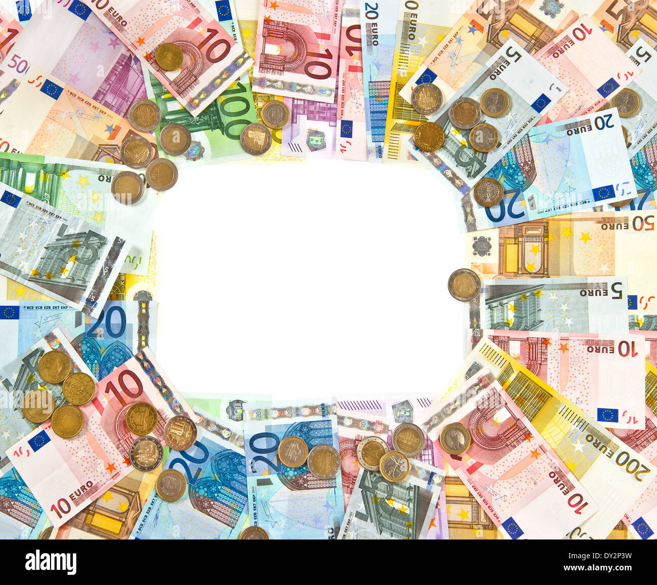 Euro-Münzen und-Banknoten Rahmen. Geld-Hintergrund mit Platz für Ihren text Stockfoto