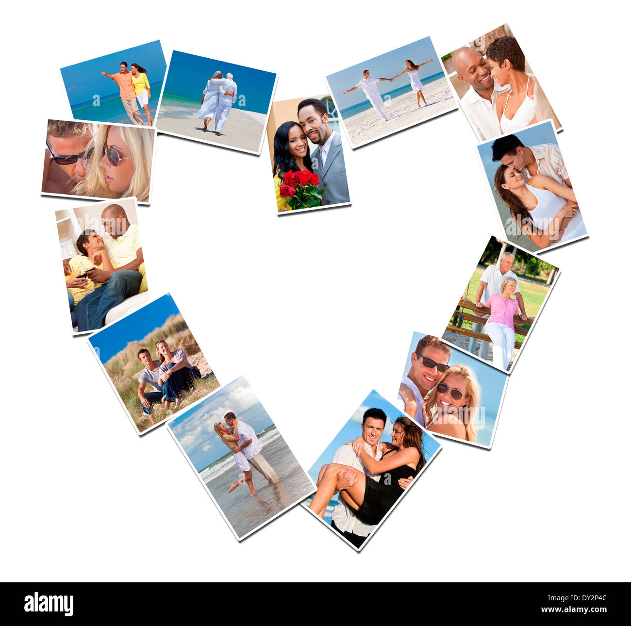 Herzförmige Montage von fröhlich, romantisch, gemischte Rennen Paare genießen romantische Lifestyle am Strand in Liebe umarmen Stockfoto