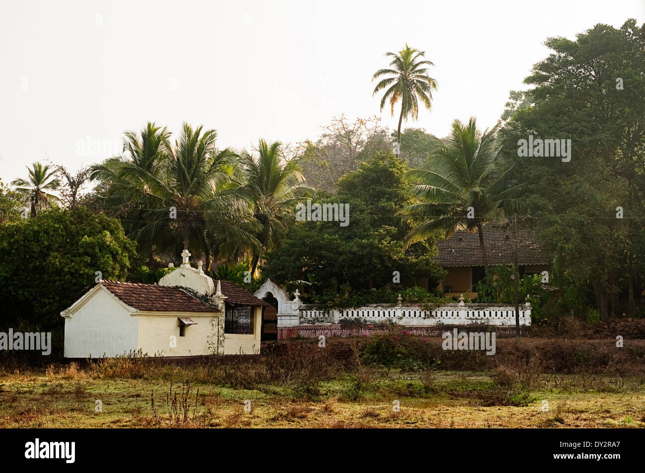 Goan Haus inmitten von Kokospalmen, Indien Stockfoto