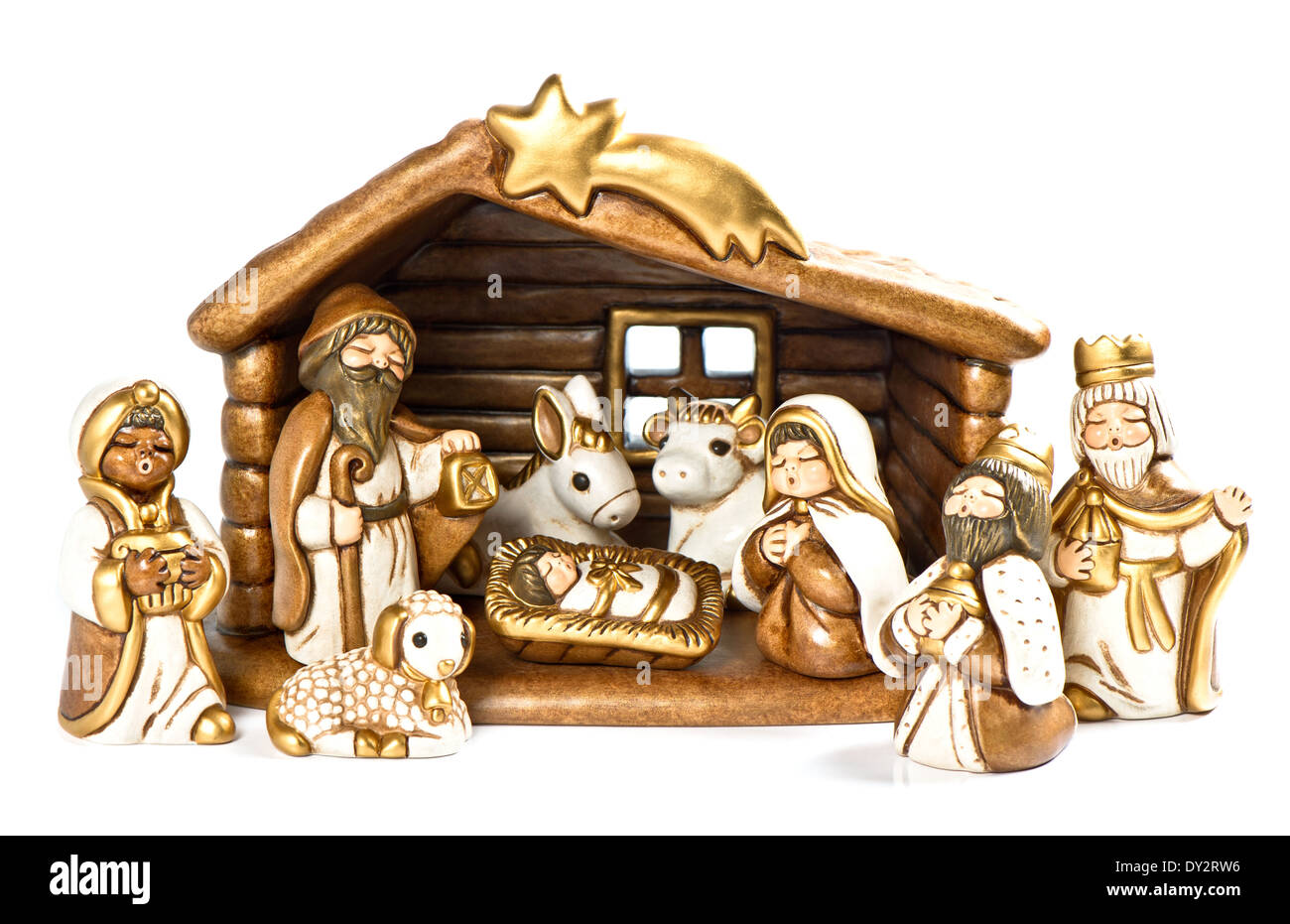 Weihnachtskrippe. Weihnachtskrippe. Heilige Familie. Jesus Christus, Könige Maria und Josef und drei Stockfoto