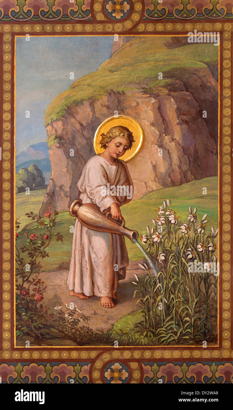 Wien - Fresko des kleinen Jesus als Gardemer von Josef Kastner 1906-1911 in Karmeliten-Kirche Stockfoto