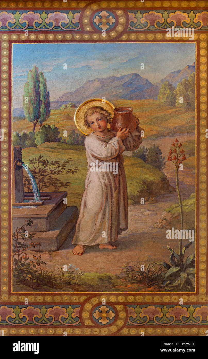 Wien - Fresko des kleinen Jesus sowie des Wassers des Lebens von Josef Kastner 1906-1911 in Karmeliten-Kirche Stockfoto